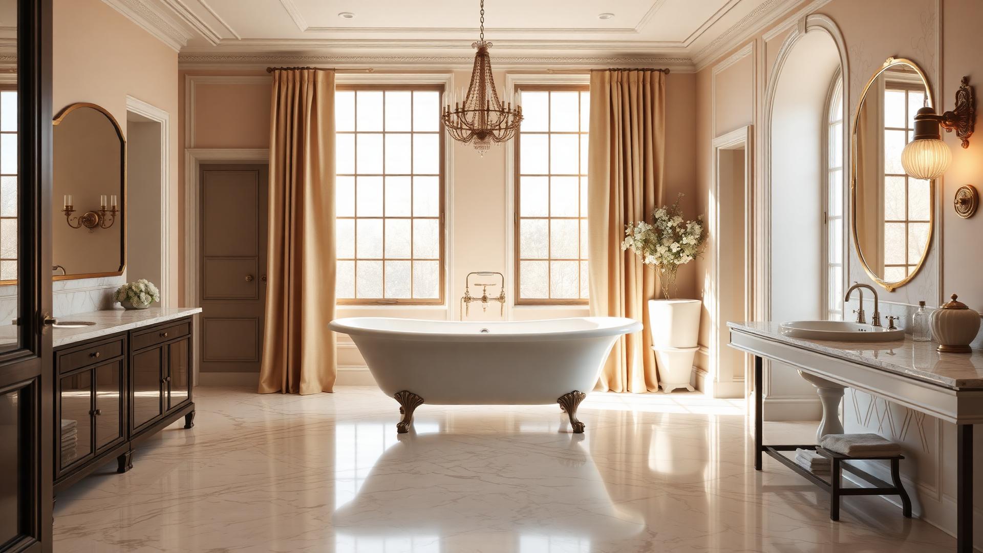Freestanding bathtub in a sunlit heritage bathroom